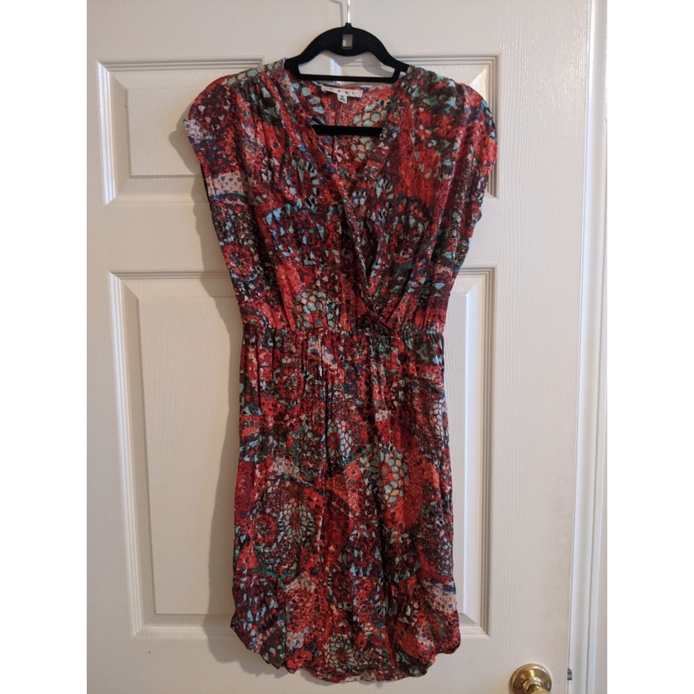 Red & Blue Patterned Mock Wrap Dress